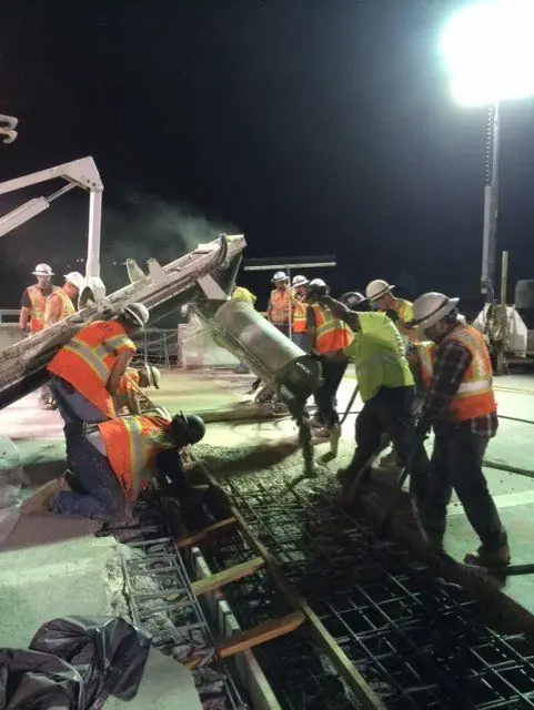 Concrete crew working under lights
